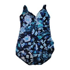 T.H.E. One Piece Blue Floral Swimsuit New With Tags Tummy Slimming  Women SZ 18